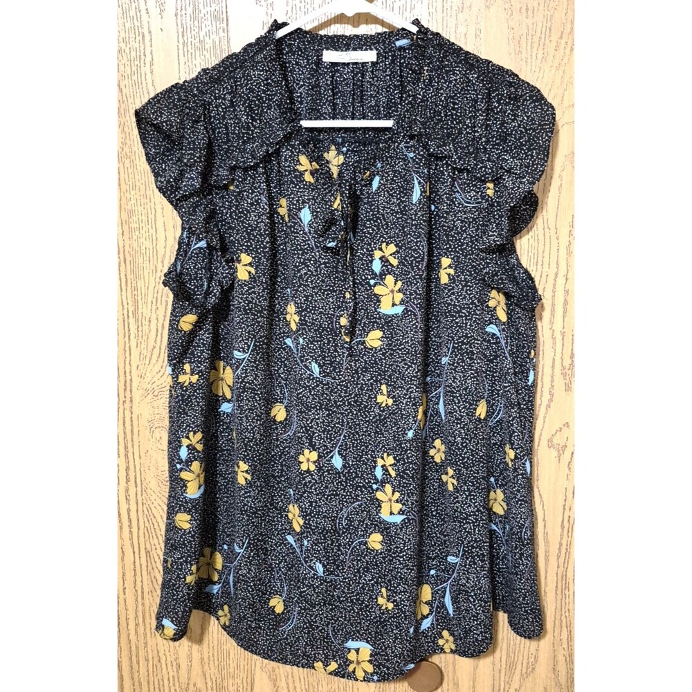 Les Serein Women's Cap Sleeve Black Spotty Multi Floral Pullover Blouse Size L